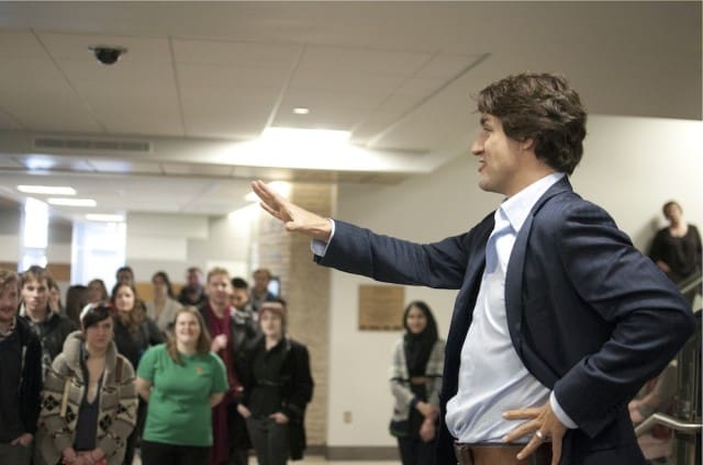Justin Trudeau showed some swagger during a campaign speech in Place Riel.