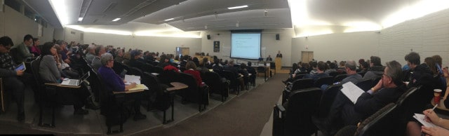 A panoramic view of the packed Neatby-Timilin theatre during the University Council meeting on Jan. 24.