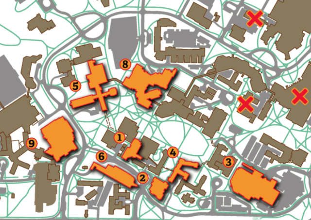 Using records kept by Campus Crime, this map shows eight of the nine locations on campus with the highest crime rate from 2007-12. 