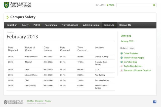 A screenshot of Campus Safey's new online crime log.