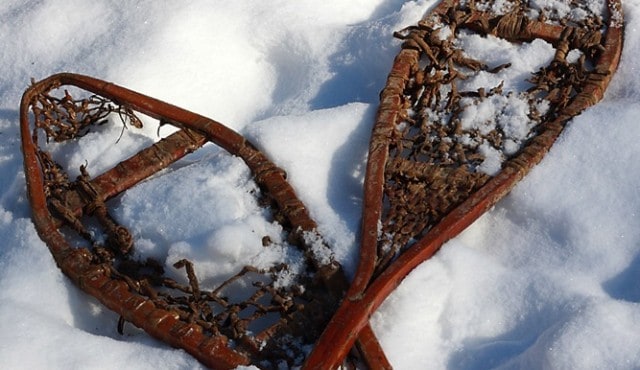 These kind of iconic-looking wooden snowshoes have been replaced in outdoor shops with the aluminum-framed models. 