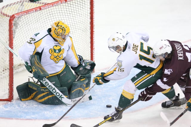 Alberta's backup goaltender Réal Cyr took control between the pipes for the Bears after Kurtis Mucha allowed three goals on seven shots. Cyr backstopped the team to an overtime victory.