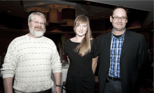 Keynote speakers Ric Driediger (left) and Paul Trottier (right) with U of S Biology Club President Kasia Majewski at the Kenderdine Commemorative Gala March 15 at the Radisson Hotel in Saskatoon.