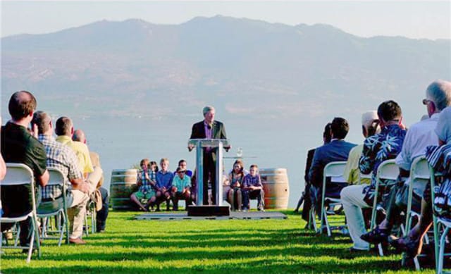 Prime Minister Stephen Harper addressing attendees of a barbeque in West Kelowna on Sept. 20.