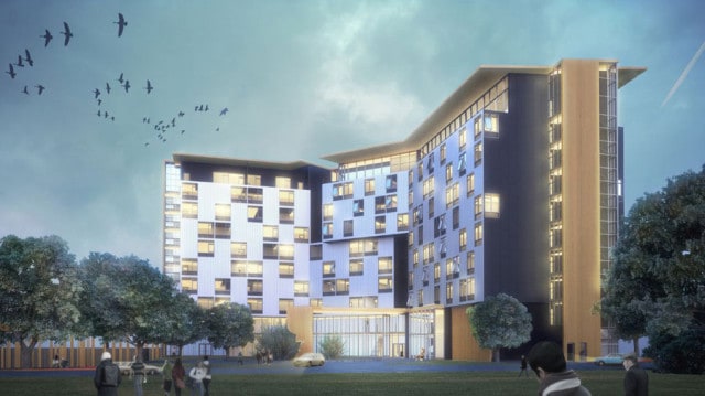A rendering shows the side of the Holiday Inn Express hotel that will face College Drive and Field House Road.