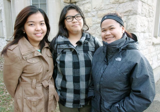 Nicole Bormate, Jasmine Bandali and Jerrelei Jumalon (left to right) are fundraising for typhoon victims.