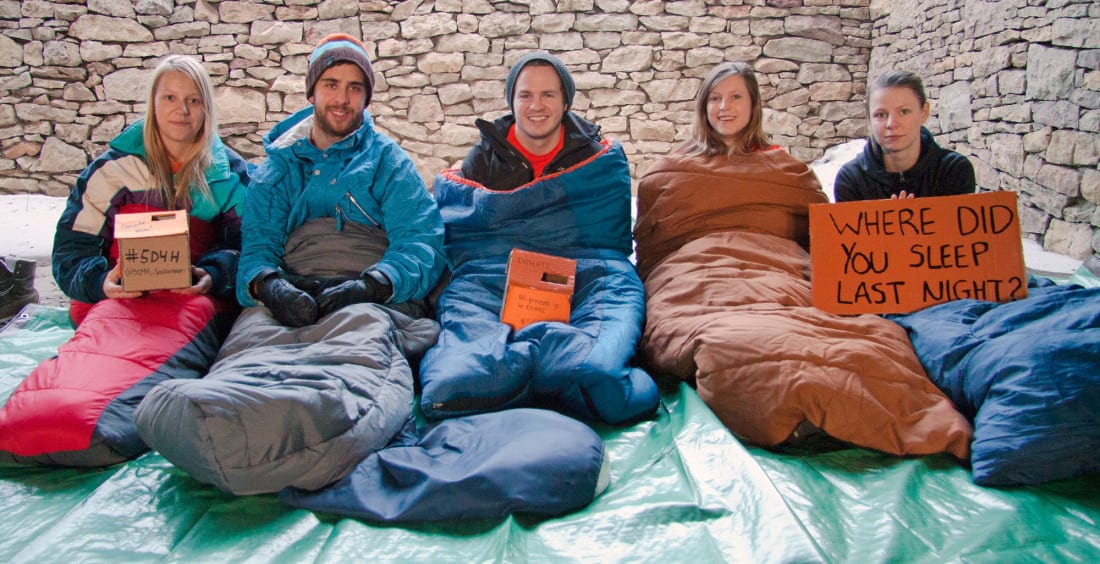 Alex Denysiuk, Lane Bannerman, Matt Brennan, Amber Freistadt and Jordana Knobluach (left to right) are this year’s homeless participants.