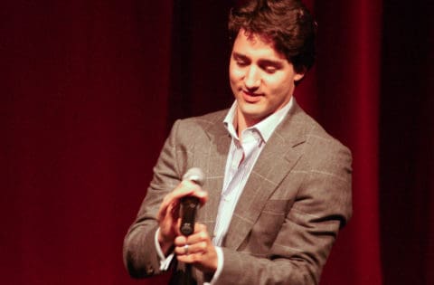 Justin Trudeau speaking in front of a packed crowd at the Humanities Theatre at the University of Waterloo in March 2006
