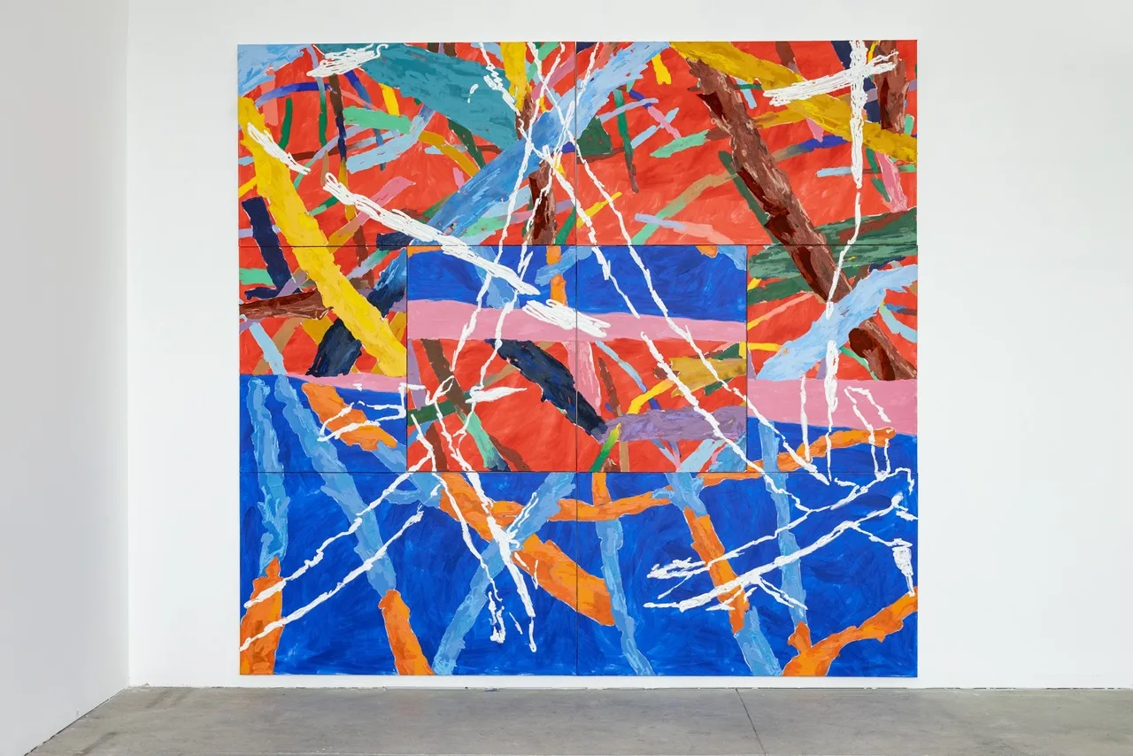 Russna Kaur's 'In many ways, a great fall can be found in a memory', 2024, acrylic, oil stick, cut cotton, jersey and twill, sawdust and dried flower petals on canvas, 120 x 112 in.