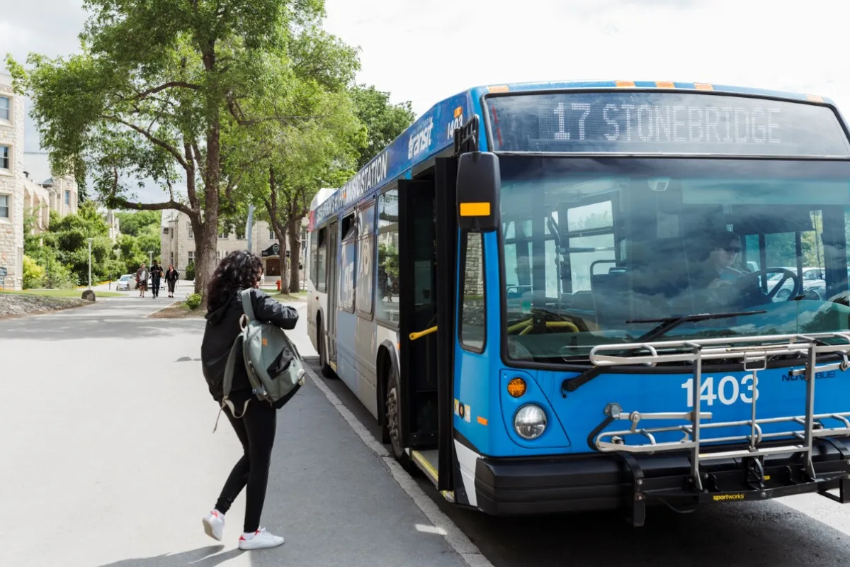 A City of Saskatoon bus stops in front of Place Riel on the USask campus | City of Saskatoon