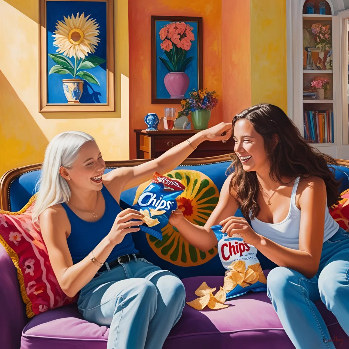 Two friends hanging out on a couch with a half eaten bag of chips | Canve Pro AI