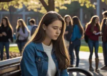 A college student sits alone on a bench on a bustling campus | Canva Pro AI