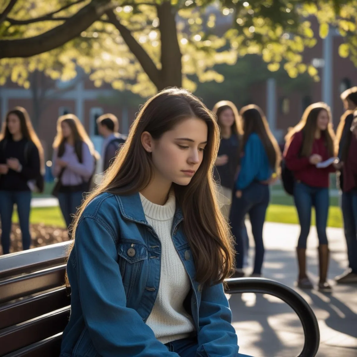 A college student sits alone on a bench on a bustling campus | Canva Pro AI