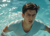 A young adult dog paddling in a pool white wearing a white t-shirt | Canva Pro AI