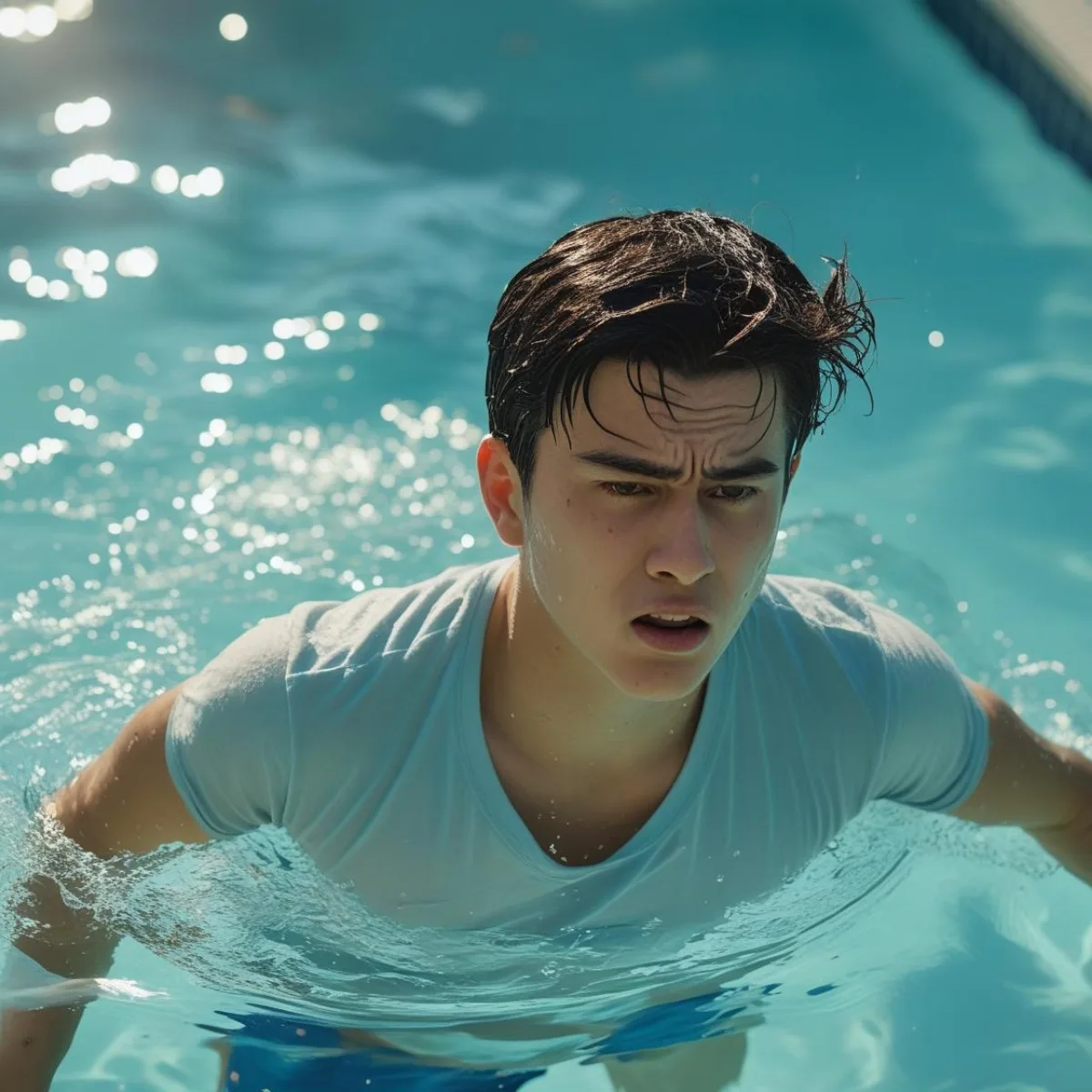 A young adult dog paddling in a pool white wearing a white t-shirt | Canva Pro AI