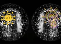 Two brains AI and multiple colour versions with light bulbs.| Post by Prof. Amanda Kirby MBBS MRCGP PhD FCGI| LinkedIn August 29, 2023