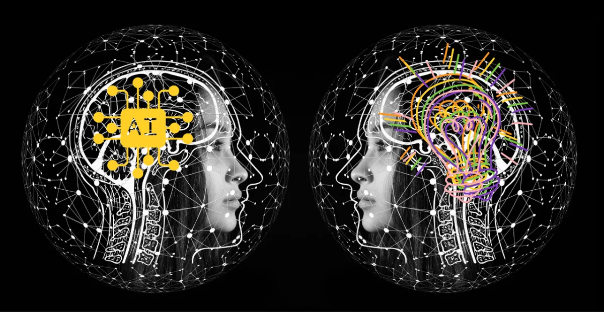 Two brains AI and multiple colour versions with light bulbs.| Post by Prof. Amanda Kirby MBBS MRCGP PhD FCGI| LinkedIn August 29, 2023