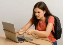 Student pulling a rope tied around her computer | Canva AI | Canva Pro