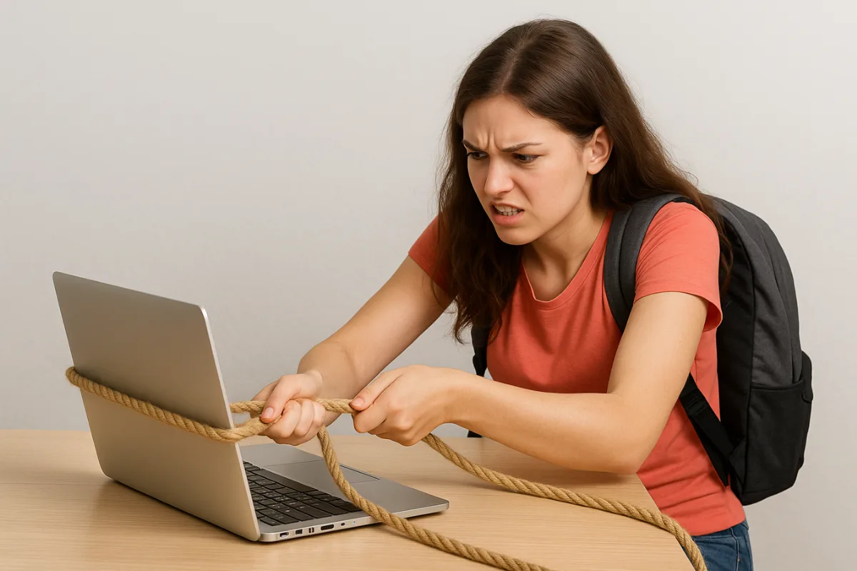 Student pulling a rope tied around her computer | Canva AI | Canva Pro