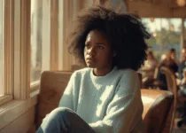 A young, sad girl sits alone near a window in a bright, sunny cafe, several patrons are visible, their presence subtly highlighting the girl's solitude.| Canva Pro AI