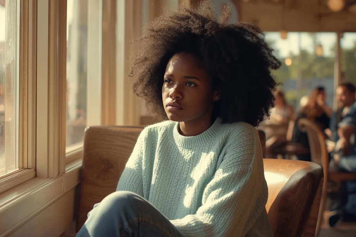 A young, sad girl sits alone near a window in a bright, sunny cafe, several patrons are visible, their presence subtly highlighting the girl's solitude.| Canva Pro AI