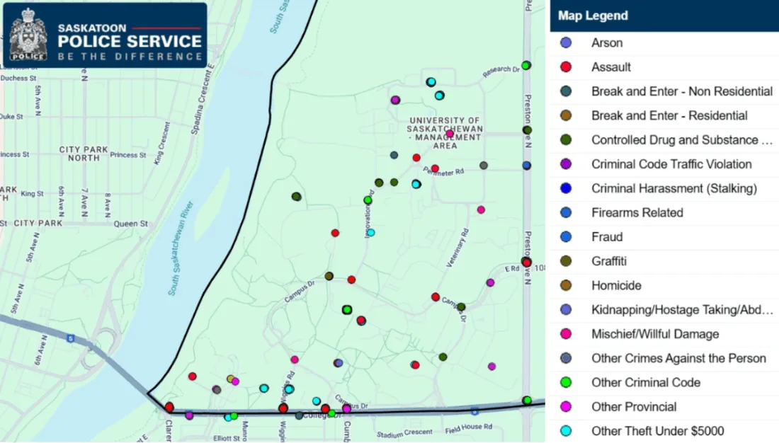 Crime map from Oct. 1, 2020, to Oct. 1, 2025: U of S Management Area - Main Campus View. Source: Saskatoon Police Service
