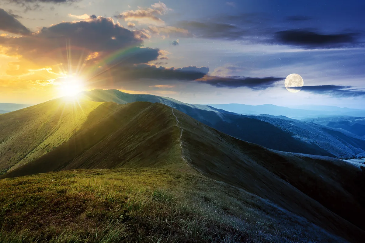 Mountain ridge during dawn with moon and sun | Mike Pellinni Photography | Canva Pro
