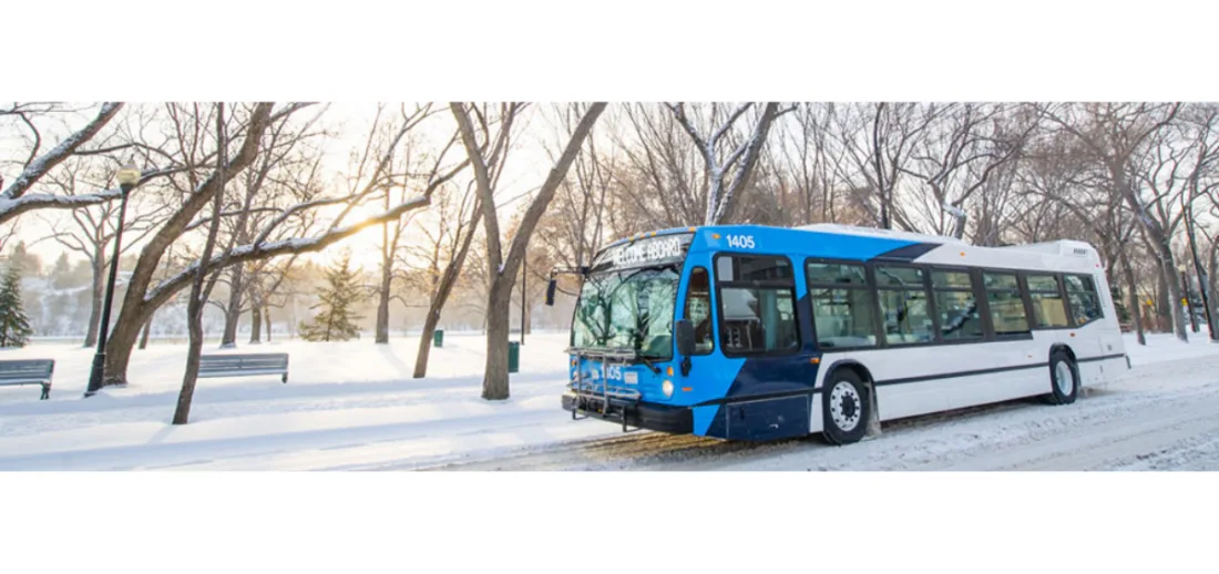 Saskatoon transit bus along Spadina Crescent in the winter | Saskatoon Transit