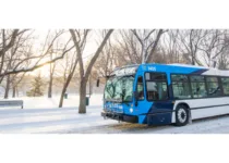 Saskatoon transit bus along Spadina Crescent in the winter | Saskatoon Transit
