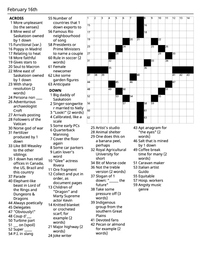 February 15 2026 Crossword