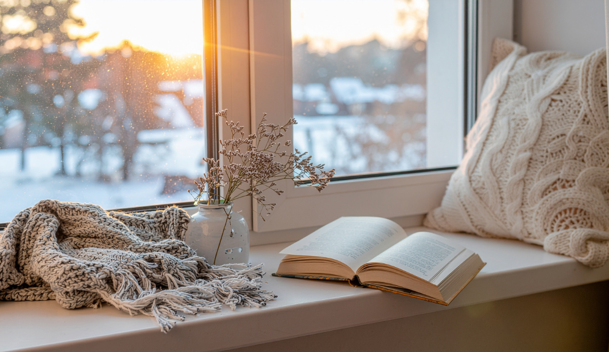 Cozy winter window seat with a book | True Creatives | Canva Pro