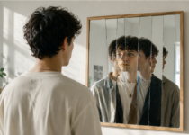 A lone man standing in front of a mirror where his reflection looks slightly different | Canva Pro