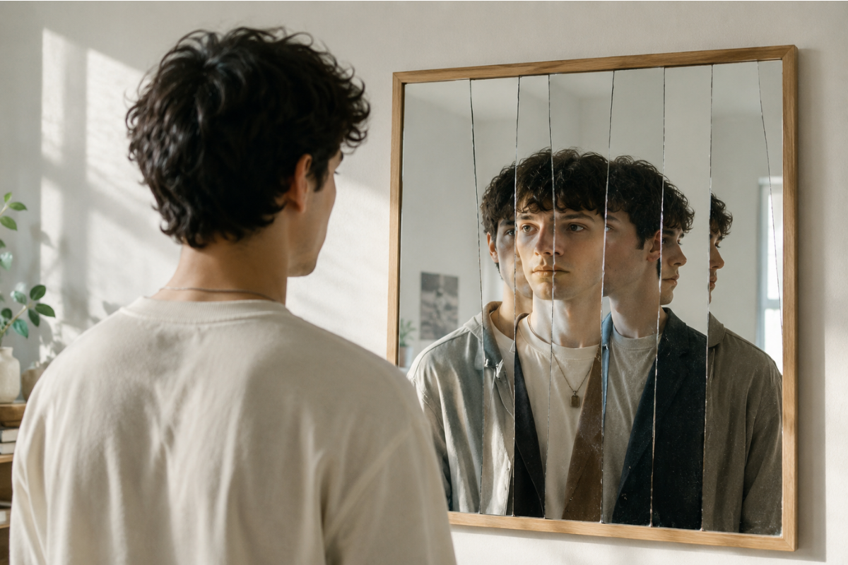 A lone man standing in front of a mirror where his reflection looks slightly different | Canva Pro