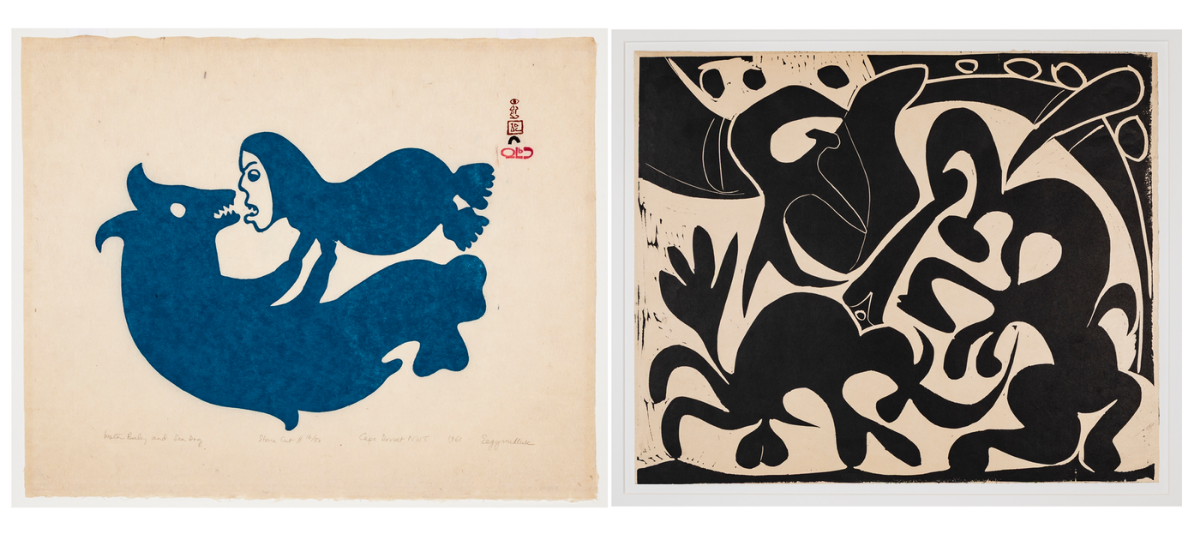 Left: Egevadluq Ragee, Water Baby and Sea Dog (1961). Right: Pablo Picasso, Picador (1959). Collection of Remai Modern | Carey Shaw