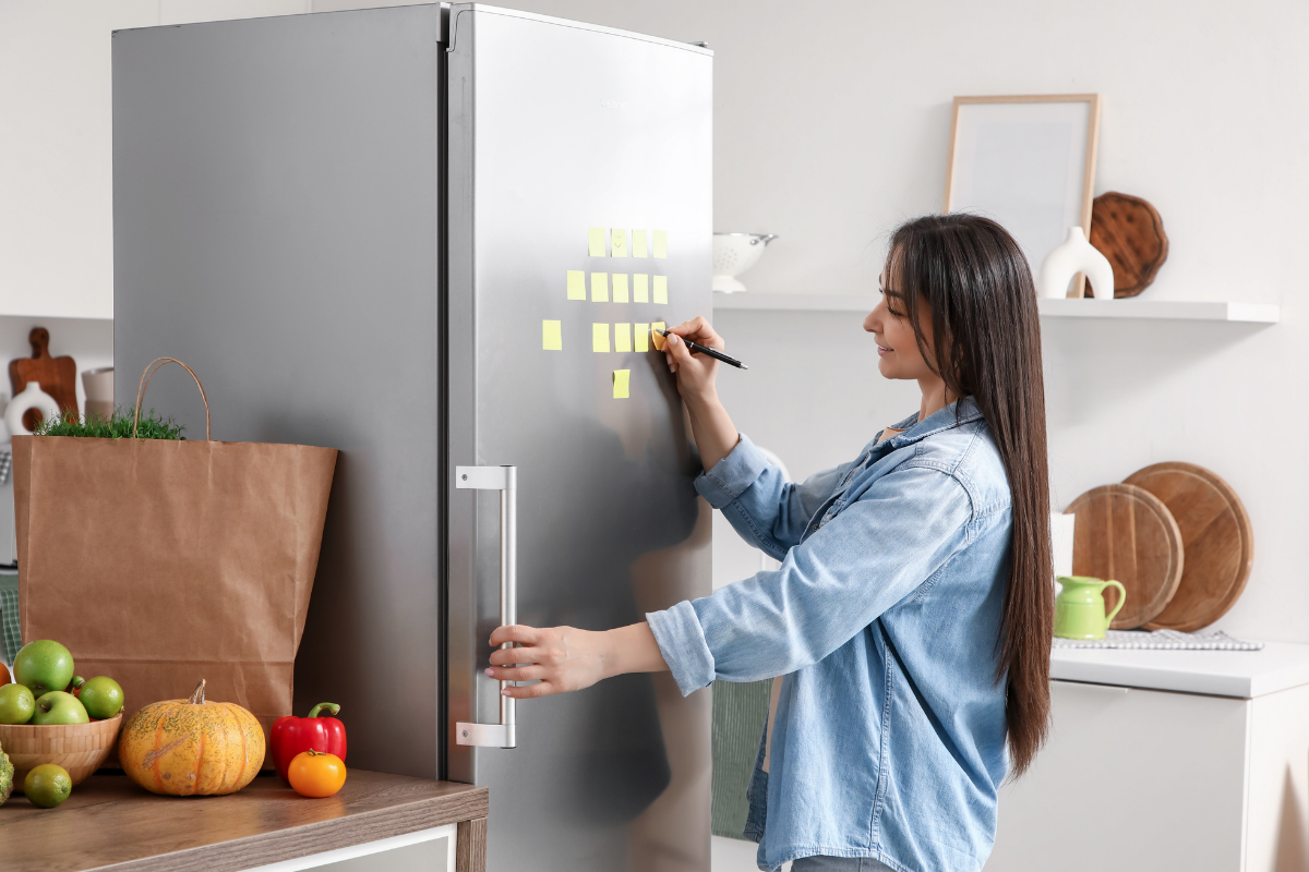 Woman writing a note on the fridge in a kitchen | Canva Pro