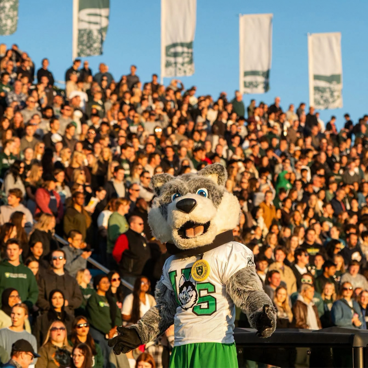 Howler stands in front of a packed crowd during the USask Homecoming football game| USask